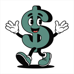Cartoon dollar sign character walking with happy expression and open hands currency money