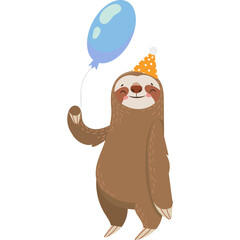 Cute Cartoon Sloth Wearing A Birthday Hat Holding A Blue Balloon Ready For A Celebration