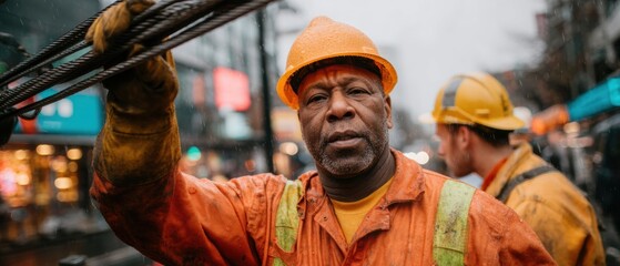 Professional Black British Maintenance Worker in High-Visibility PPE Adjusting Sign on Wet UK Street with Colleague Authentic Industrial Safety Content