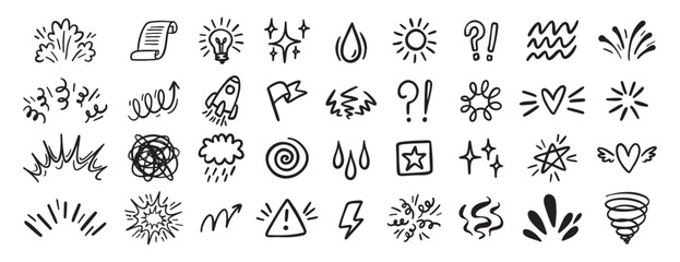Comic effect icon set, manga doodle elements collection. Retro anime movement, exclamation and emphasis expressions. Doodle emotion of character in comic style