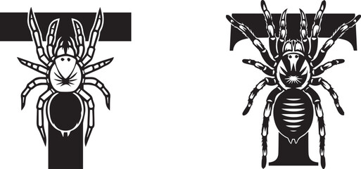 Stylized Spider and Letter T Monochromatic Black White Vector Illustration