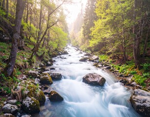 Obraz premium Mountain stream or river in a forest, spring nature landscape