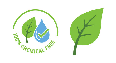 A green leaf water droplet and chemical free symbol represent purity