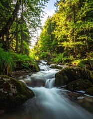 Fototapeta premium Mountain stream or river in a forest, spring nature landscape