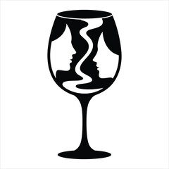 Black and white silhouette of wine glass with two faces and swirling liquid profiles