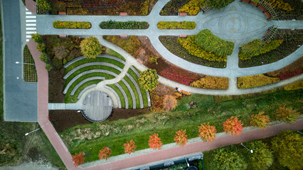 lush garden scene, structured garden with trees, formal garden with pathways and lush plants