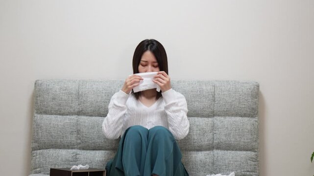 Woman blowing her nose with a tissue
