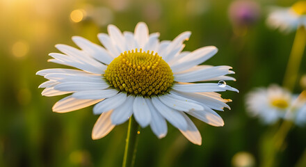 Obraz premium Beautiful daisy glows in golden light with a single raindrop, perfect for spring