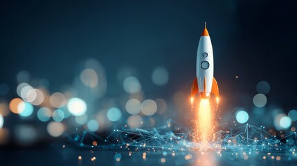 Obraz premium Rocket launching with orange flames and white body against a dark blue bokeh background with network lines