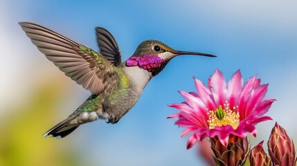 Obraz premium A hummingbird with vibrant plumage hovers near a blooming pink flower against a bright blue sky backdrop