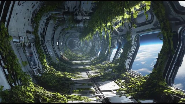 Overgrown spaceship interior with vines and view of earth from windows in space station