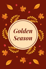Autumn illustration featuring vibrant leaves and a circular text area, celebrating the beauty of the golden season in a warm color palette