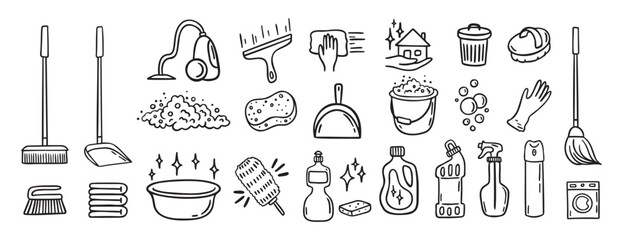 Cleaning kit equipment doodle hand drawn icon set. Outline drawing cleaning inventory, clean tools wash, bucket and mop, spray bottle with detergent cleaner line clipart symbol collection