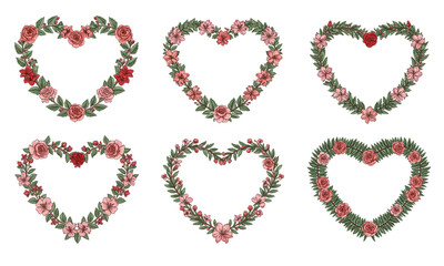 Delicate floral heart wreaths with roses and greenery for romantic designs