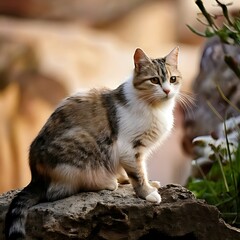 A fluffy multicolored feline sits patiently on a stone, gazing off to the side