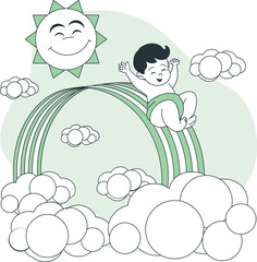 Happy baby sliding down a rainbow with a smiling sun and clouds Keywords: baby, child, sliding, rainbow, sun, clouds, happy, joy, playful, fun, fantasy, dream, sky, weather, bright, cheerful, cute
