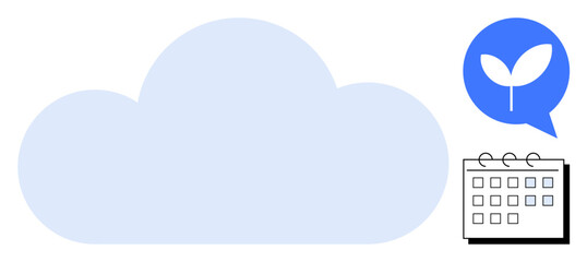 Large cloud shape, calendar, and sprout in chat bubble highlight digital collaboration, scheduling, eco-friendly innovation. Ideal for technology, environment, productivity, cloud solutions growth