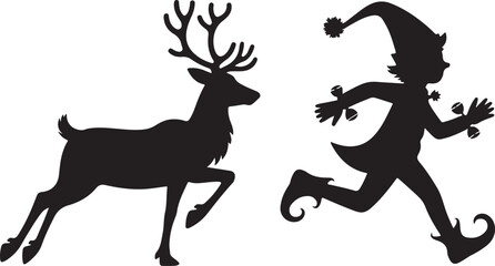 Black silhouette running deer and cute Christmas elf