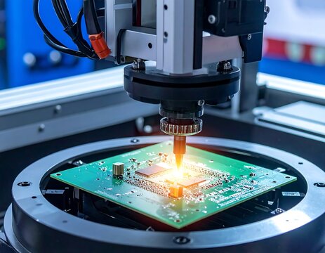 A precision robot arm soldering components onto a green circuit board