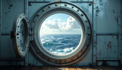 Metal porthole, open view of ocean