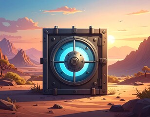 Metal safe in desert, glowing center