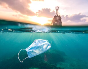 Half-underwater shot captures a discarded face mask floating in the ocean with sun rays and a navigational marker at sunset