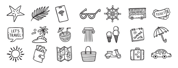 travel doodle hand drawn icon set. Outline drawing travel tourism line clipart symbols © Yanka