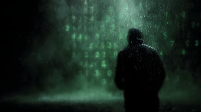 A shadowy figure stands in the rain observing a cascade of green digital code