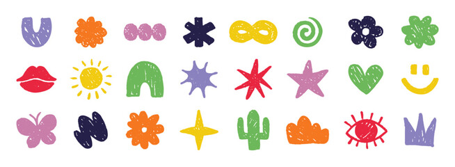 Abstract doodle colorful shapes. Chalk cute various modern kids hand drawn elements set. hearts, clouds, stars, flowers, eye, star stickers
