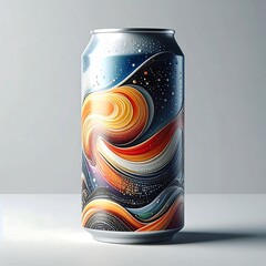Metallic can with swirling abstract art