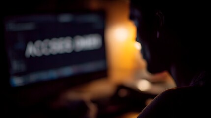 A person s dark silhouette is illuminated by a computer screen displaying  ACCESS DENIED  suggesting a cyber security issue or login failure