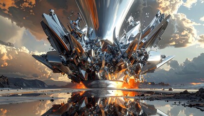 Metallic explosion in a desert landscape