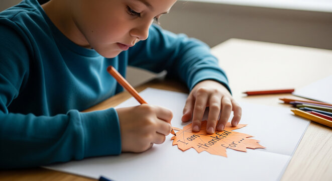 A young boy writes what he is thankful for on an orange paper leaf as part of a thanksgiving gratitude craft activity at home
