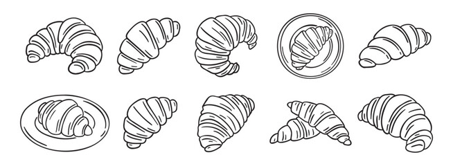 croissant doodle hand drawn icon set. Outline drawing croissant french breakfast line clipart symbol collection