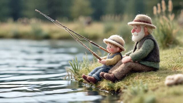 Elderly man and young person fishing by waterside with fishing rods outdoors
