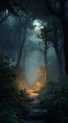 Obraz premium Mystical Forest Path Glowing Through Fog, Symbolic of the Unconscious Mind, Ethereal Light and Dreamlike Atmosphere