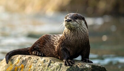 A sleek, dark-furred mammal relaxes atop a gray, moss-covered stone