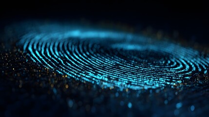 Glowing fingerprint patterns illuminated in a dark, futuristic setting.