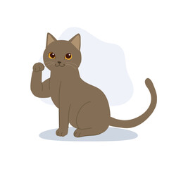 adorable cartoon cute gray cat raising paw. cute feline. gray cat character sitting and waving paw