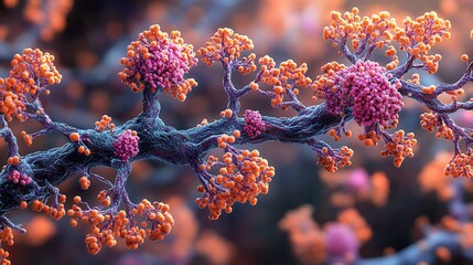 Abstract tree branch with orange and pink foliage close up.