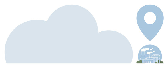 Blue cloud alongside map pin featuring industrial plant and smoke, emphasizing pollution, energy, and ecological impact. Ideal for climate change, sustainability, air quality, environmental science