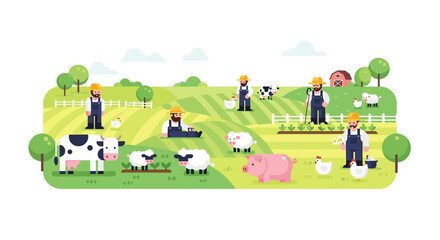 Obraz premium Set of horizontal banners with farmers picking crops, taking care of cows, making hay. People at farm vector flat illustration. Scenes with agricultural workers on farmland isolated. Harvest season