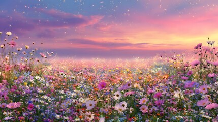 Naklejka premium Field of colorful flowers under a pastel sky with gentle light.