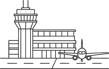 Airport Collection Set Design in Outlines. Air Travel and Aviation Elements Illustration. Airport Transportation Symbol Set. Modern Flight and Terminal Outline Design. Airplane and Airport Facility