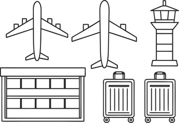 Airport Collection Set Design in Outlines. Air Travel and Aviation Elements Illustration. Airport Transportation Symbol Set. Modern Flight and Terminal Outline Design. Airplane and Airport Facility