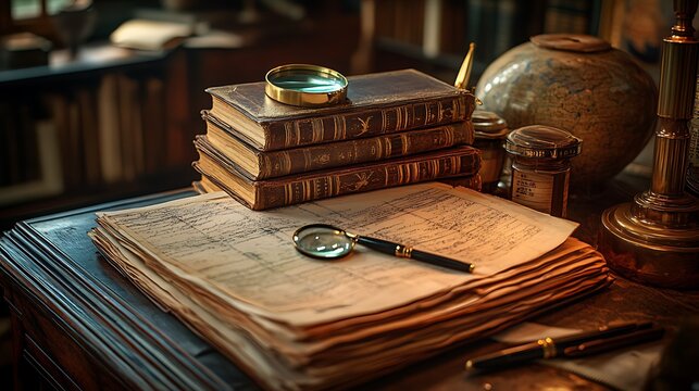 Antique books with papers  magnifying glass.