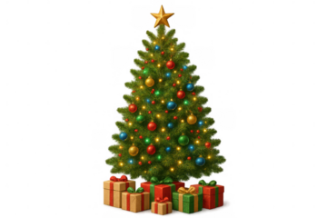 Christmas tree with star topper, colorful ornaments, string lights, and wrapped gift boxes underneath, transparent background