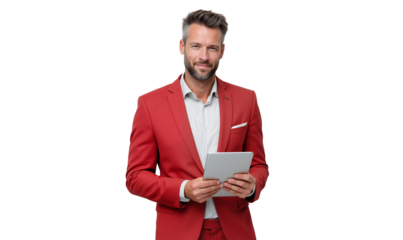 Handsome businessman in a red suit holding tablet, ready for meeting isolated on transparent background