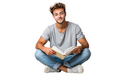 Handsome young man seated cross-legged, happily reading a book, isolated on transparent background