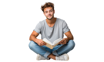 Handsome young man seated cross-legged, happily reading a book, isolated on transparent background